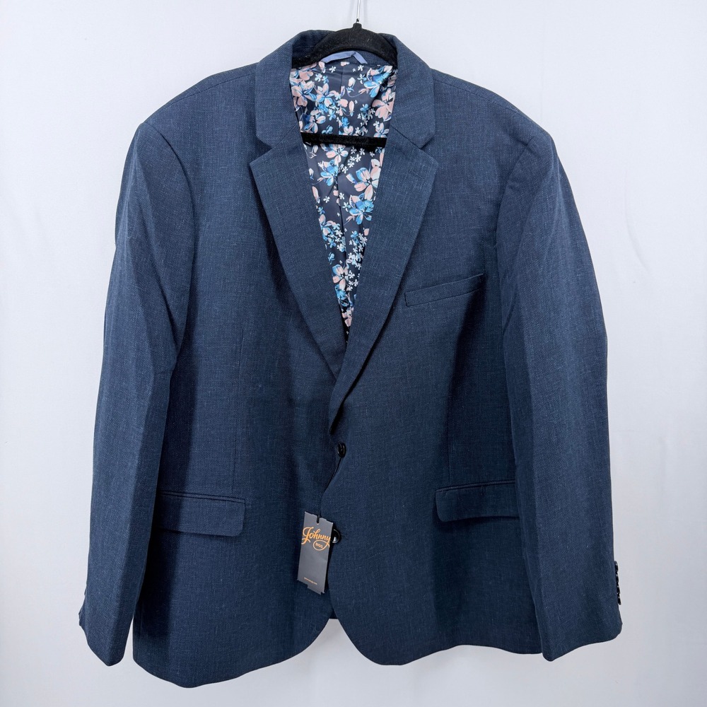 NWT Johnny Bigg Mens Navy Blue Linen Blend Blazer Floral Lining Jacket Size 52